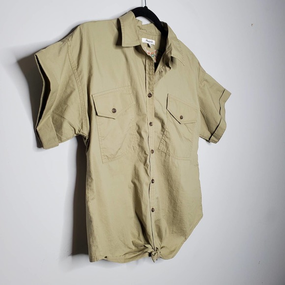 MADEWELL • Khaki Floral Embroidered Short Sleeve Button Top Sz S - Picture 3 of 8